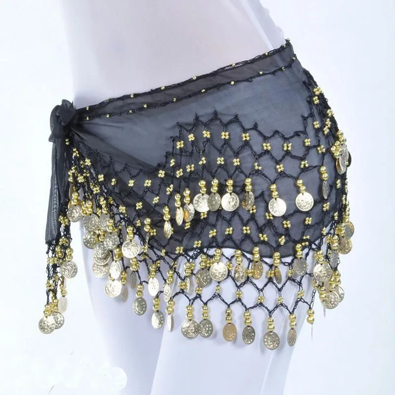 Hot-selling 128 Munten Buikdans Hip Sjaal Sexy Buikdansen riem Taille Ketting chiffon hip Sjaals 13 kleuren met goud munten