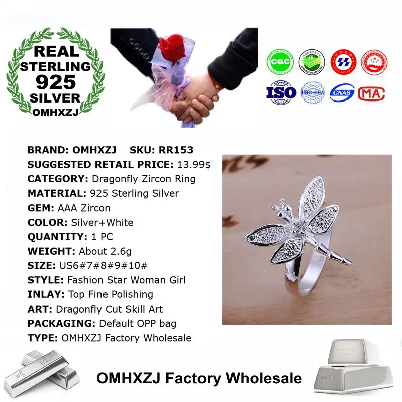 OMHXZJ Wholesale European Fashion Woman Girl Party Wedding Gift Silver Dragonfly AAA Zircon 925 Sterling Silver Ring RR153 image 3