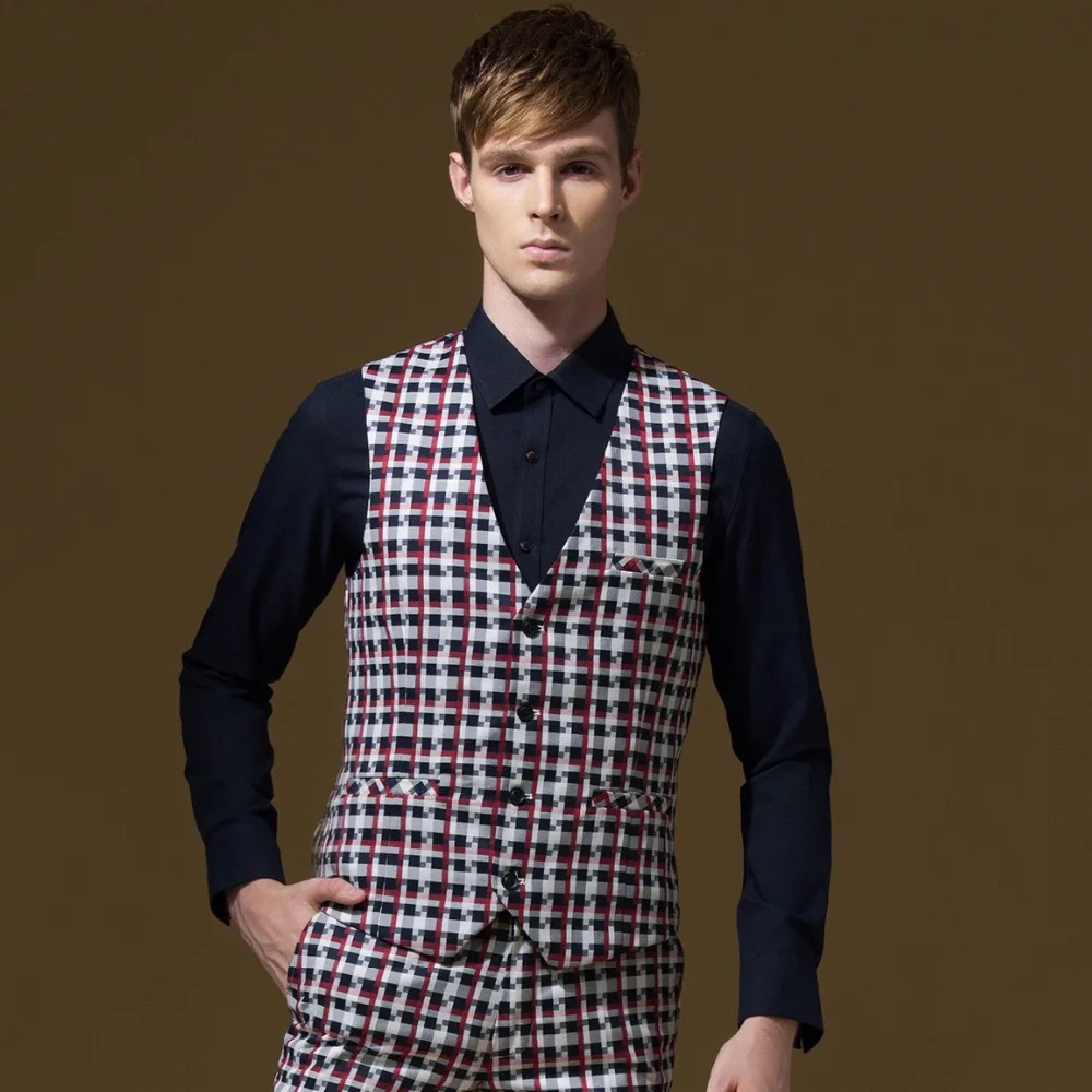 

High Quality Brand Men Fashion Young Man Red Plaid Autumn Business Wedding Groom Suits Vests Personality Men Vest New