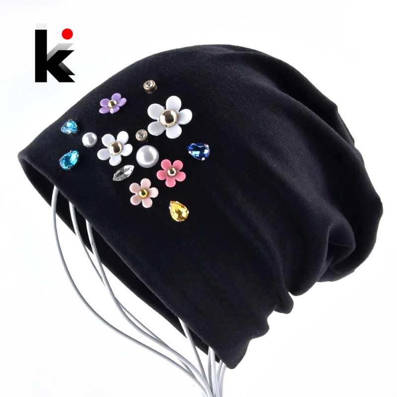 New Beanies Women Spring Autumn Solid Color Skullies Hat For Ladies Rhinestone Pearl Flower Cap Female Fashion Bonnet Gorra