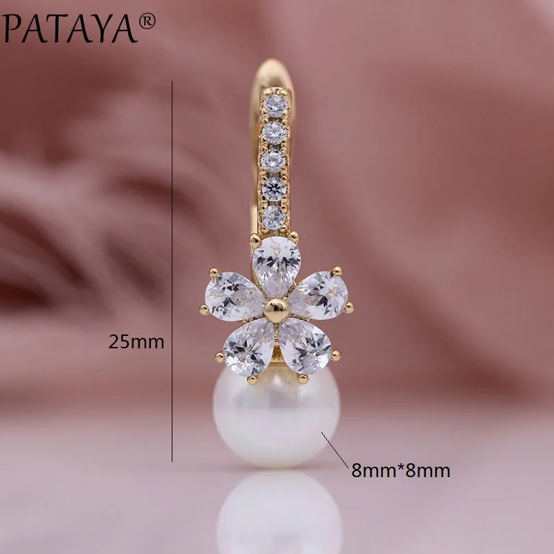 PATAYA New White Shell Pearls Dangle Earrings 585 Rose Gold Color Multicolor Drop Natural Zircon Women Wedding Fashion Jewelry