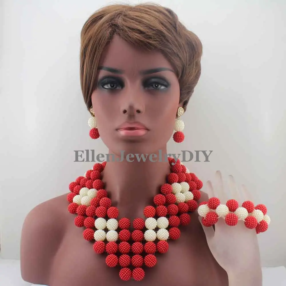 

Gorgeous Red/White African Beads Balls Necklace Set New Traditional Wedding Nigerian Beads Jewelry Set Free Shipping W13075