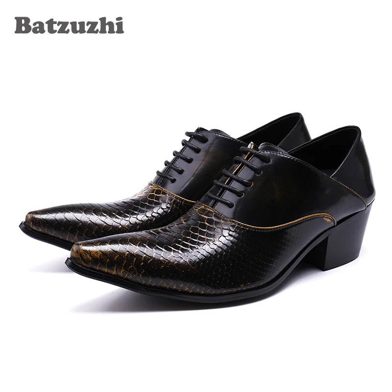 Batzuzhi 6.5CM Height Increased Men Shoes Pointed Toe Lacing Up Men Dress Shoes Leather Wedding & Party Zapatos Hombre, 38-46