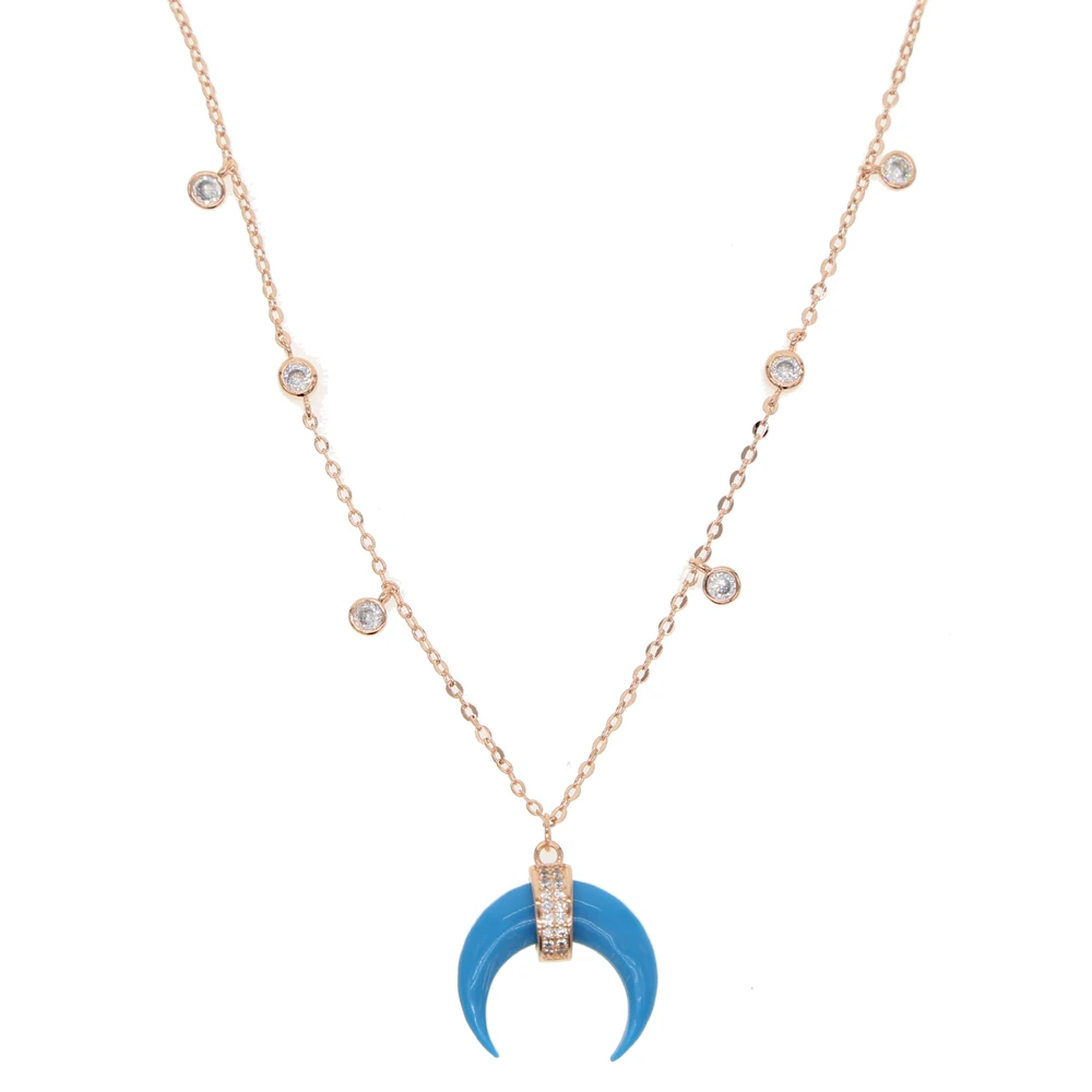 New Arrival Rose Gold Silver Color Blue Turquoises Howlite Blue Stone Crescent moon Horn trendy Necklace For Woman Boho Jewelry