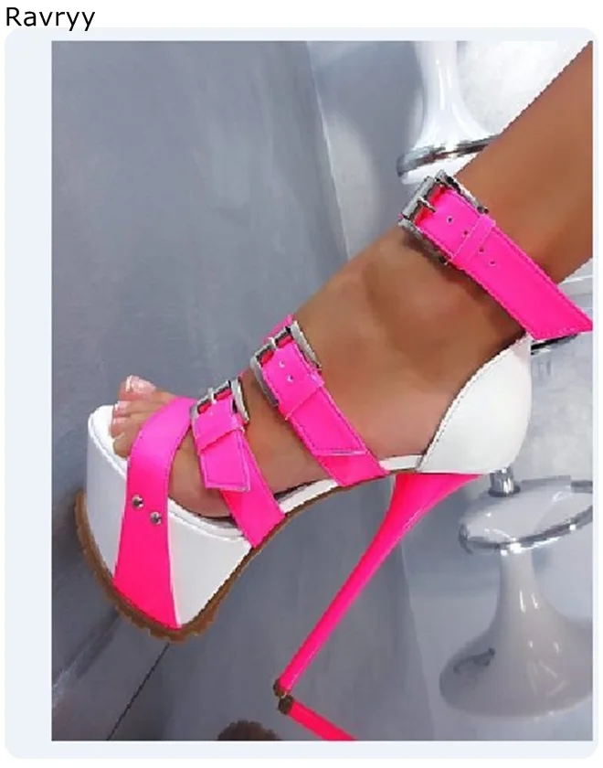 

White Woman sandals rose multi-ankle buckles Sexy Pumps open toe high heel platform heel female dress shoes party show outfit