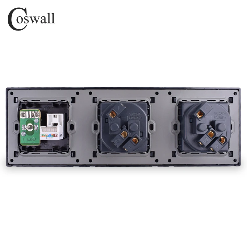 COSWALL Stainless Steel Panel Double Wall Socket 16A EU Power Outlet + Female TV Jack with RJ45 CAT5E Internet Port Silver Black