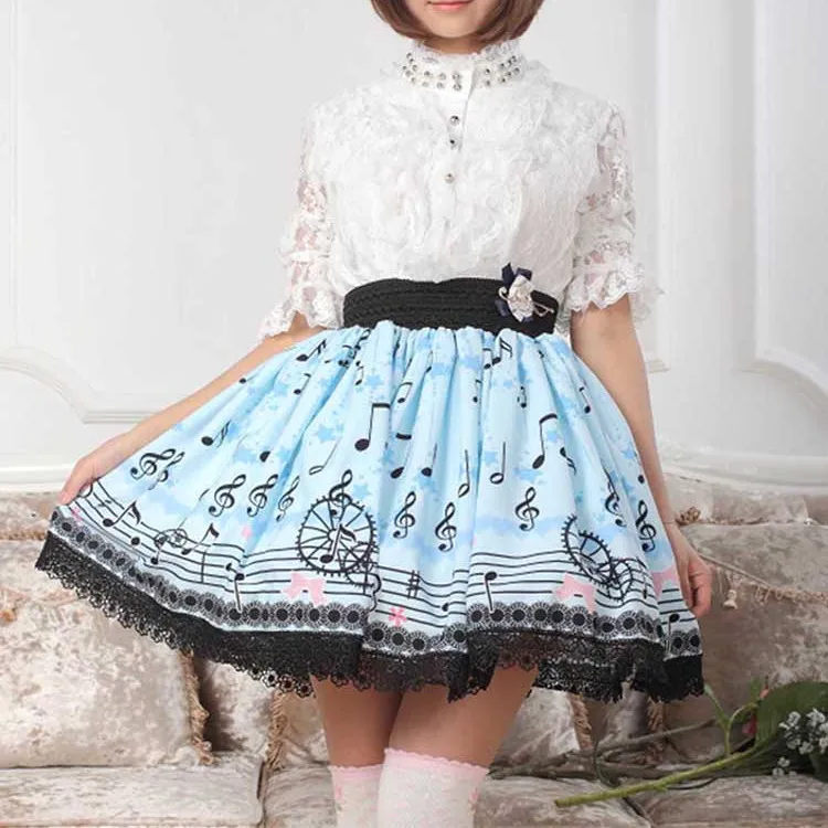 Adomoe new Summer Women Music Note Print Lolita Sky blue Pleated Lace Skirt Princess Cute Sweet Girls Pretty Skirt High quality