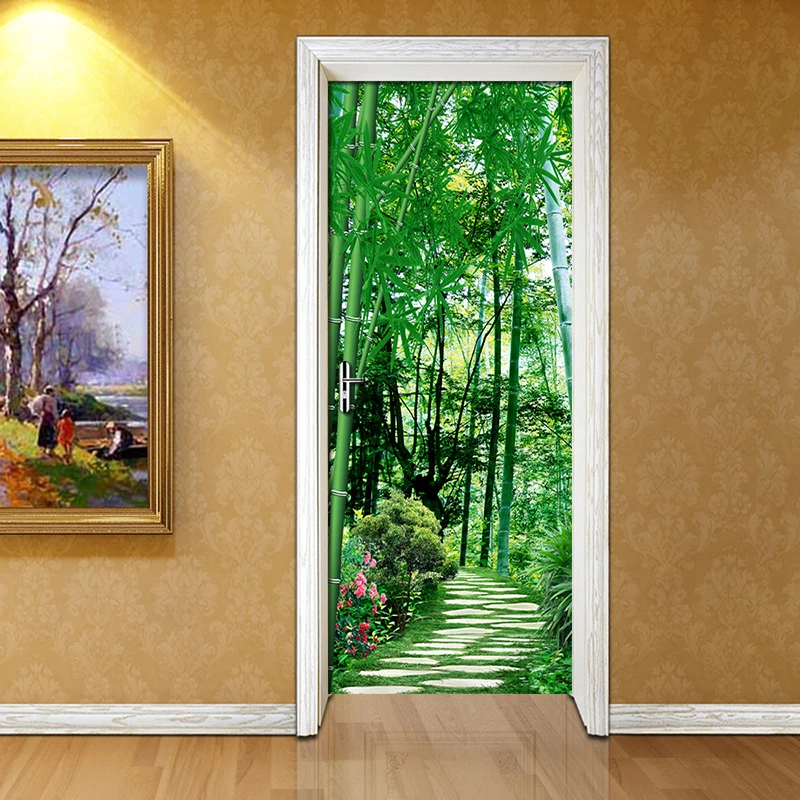 Green Bamboo Path Door Wallpaper Fresco Home Decoration Modern Bedroom Living Room Door Poster PVC Waterproof 3D Wallpaper Mural