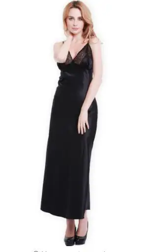 Lace Sexy Sling Sleeping Dress Satin Silk Sleepwear Women Faux Silk Long Bathrobes Female Sleeveless V-Neck Nightgowns C1618