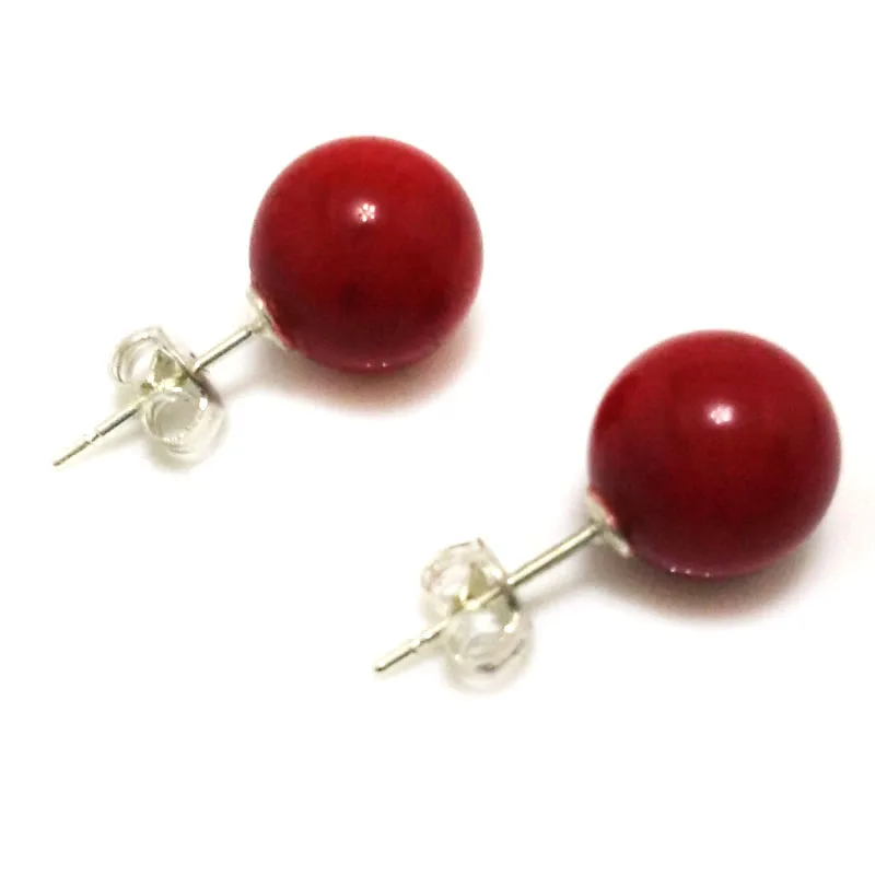 10mm Red Natural Round Coral Earring With Sterling Silver Stud