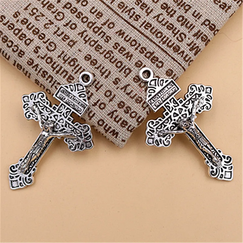 4pcs Silver Plated Metal Vintage Jesus Cross Charm Religious Necklace Bracelet DIY Handmade Jewelry Alloy Pendant 55*34mm A1558