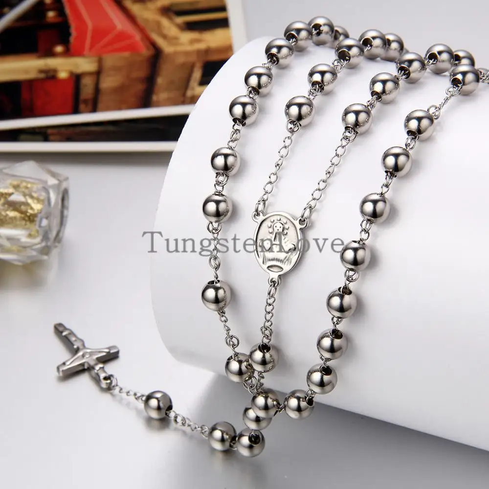 Vintage Mens Stainless Steel Necklace Long Link Bead Chain Silver Color Rosary Jesus Christ Crucifix Cross (with Gift Bag)