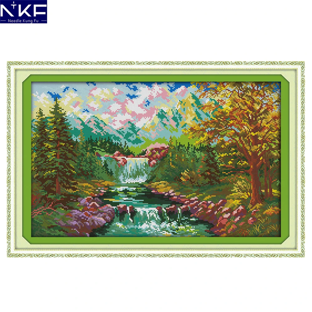 NKF The Mountain Stream Embroidery Cross Stitch Needlework Counted Cross Stitch Kits for Embroidery Chinese Cross Stitch Kits