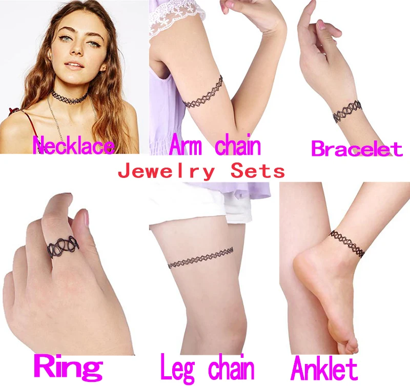 1set Magic Vintage Tattoo Choker Necklace Bracelet Ring Arm chain Leg chain Anklet Set Elastic Jewelry Hippy Chick Colares