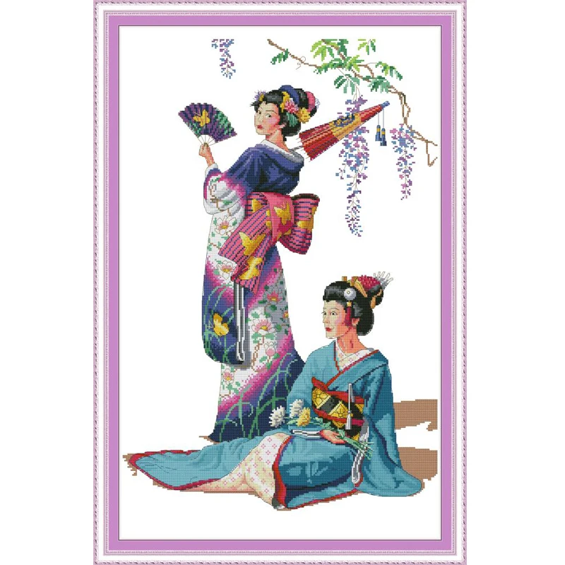 NKF Kimono Beauty Stamped Cross Stitch Patterns DIY Kits Needlework Embroidery Sets Cross Stitch for Home Decor