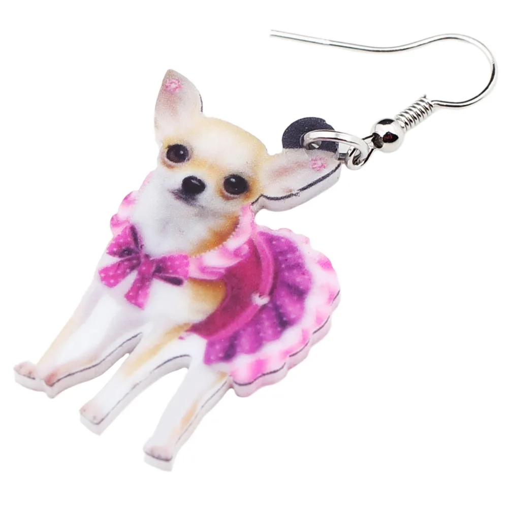 Bonsny Statement Acrylic Cute Pink Dress Chihuahua Dog Earrings Drop Dangle Animal Jewelry For Women Girls Drop Shipping Brincos