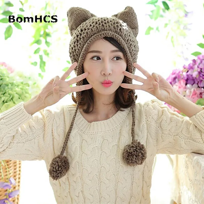 BomHCS Very Cute Fox Ears Cat Ear New Women Winter Hat 100% Handmade Knitted Beanie Ear Muff Hat Cap