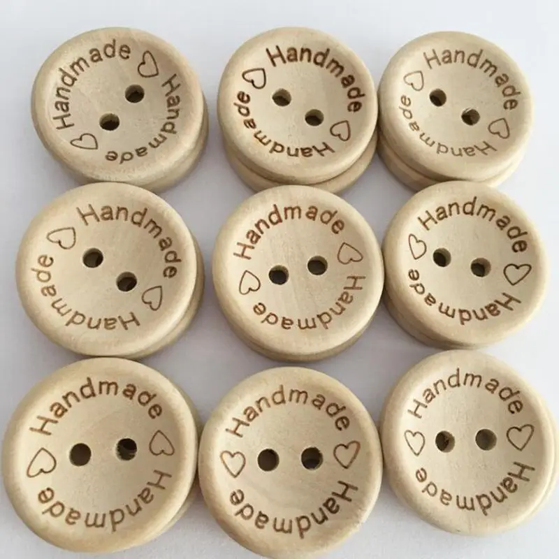 100pcs 15/20/25mm carving handmade with love Wood Buttons Flatback 2 Holes Wooden button Sewing Tools DIY Scrapbook Craft