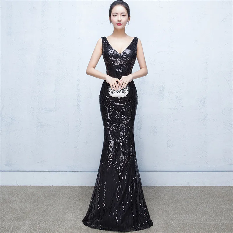 Sequined Sexy Long Night Dress Red Mermaid Cheongsam Traditional Chinese Oriental Dresses Robe Orientale Wedding Clothes