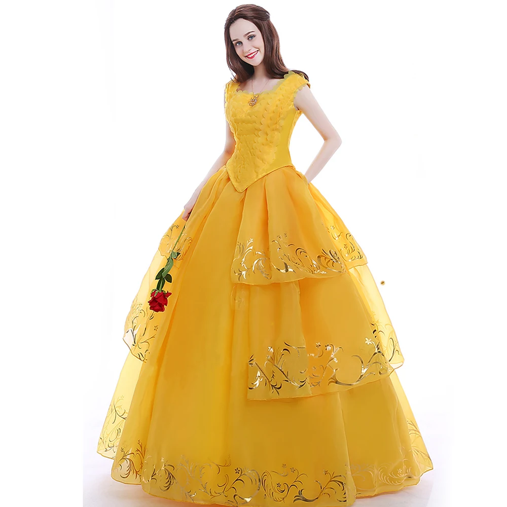 Moive Beauty And Beast Belle Cosplay Costume Adult Bella Princess Yellow Dress Women Girls Halloween Party Dresses Top Quality