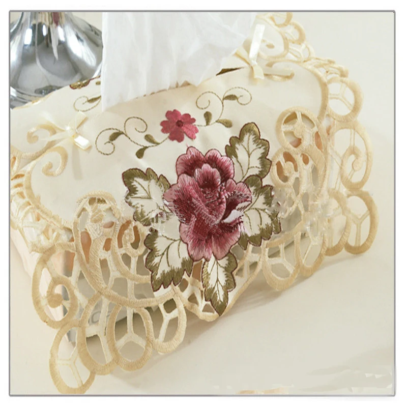 European Style Rose Embroidered Tissue Box, Rectangular Drawing Paper Box, Dinning Accessories, Facial Tissue Holder