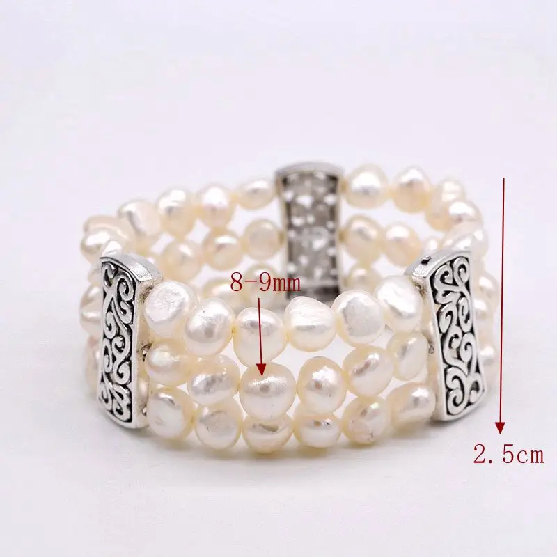 Bracelet à trois rangées de perles naturelles blanches, accessoires en argent tibétain, Bracelet Baroque Vintage perlé pour femmes