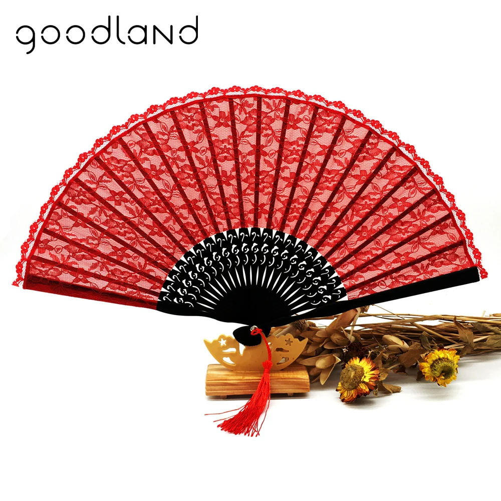 

Free Shipping High Quality 1 Piece Delicate Red Floral Lace Pocket Fans with Tassel For Gift Dancing Props Dance Party