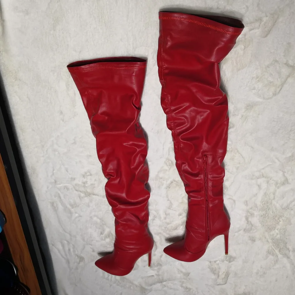 Sapato Feminino Sexy Red High Heel Pointed Toe Zipper OverKnee Boots Leather Crotch Motorcycle Thigh High Botines Plus Size47