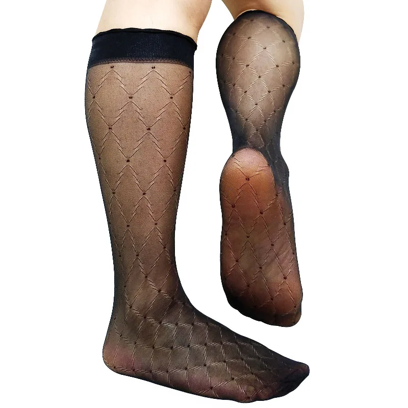 High Quality Mens Softy Nylon Silk Socks Transparent Plaid Sheer Sexy Gay Male Stocking Fetish Collection Tube Hose Stockings