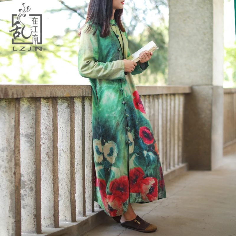 

LZJN Vintage Long Trench Coat Autumn Floral Print Cotton Women Dress Irregular Buttons Green Overcoat Chic Maxi Windbreaker