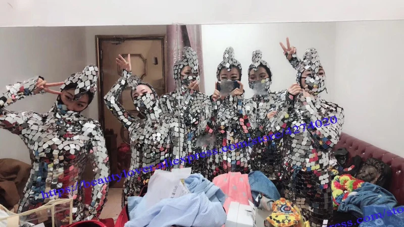 Cantante Stage Show Body luminoso Pieno di paillettes Specchi Maschera Tuta Abiti da ballo sexy Set Discoteca Cosplay Danza femminile