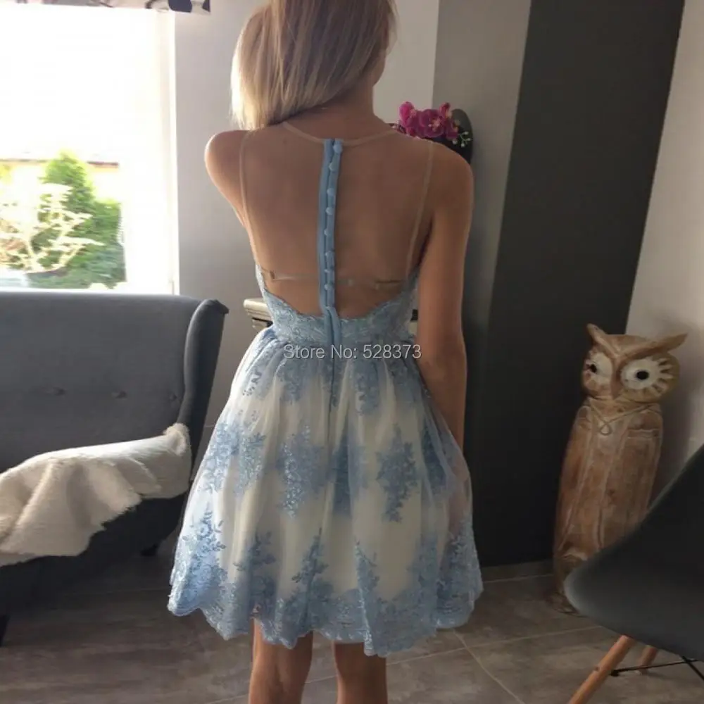 YNQNFS CD20 Sheer Backless Blue/Nude Two Color Short Prom Dresses Lace Party Dress