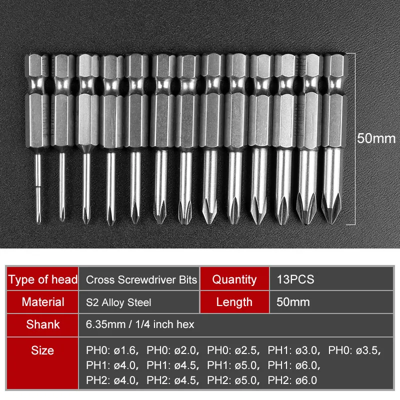 HOEN 13pcs S2 Steel Cross Head Group 50mm Magnetic Drill Screwdriver Set Bits Screw Driver Screwdrivers Kit Hand Tools