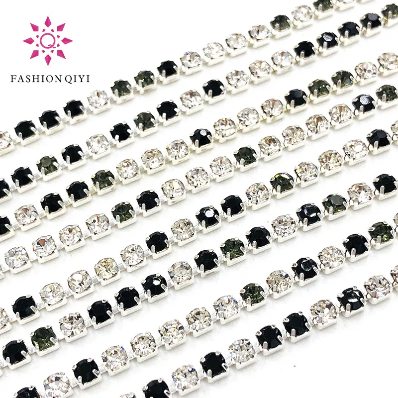 Free shipping 5 yards Black/Grey/Clear white 2mm-3mm silver base glass rhinestones cup chain diy hats/bags/clothing accessories