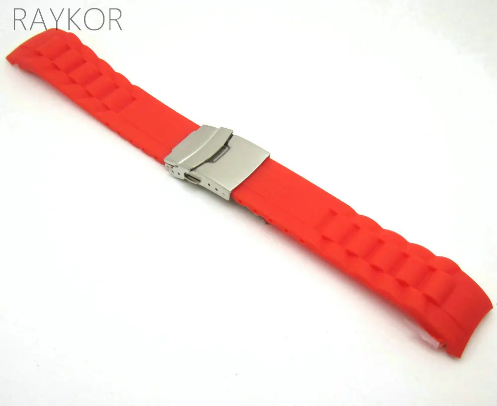 18mm 20mm 22mm 24mm Deployment Clasp Silicone Rubber Watch Band Curved End Soft Strap Black White Red Orange Yellow Blue