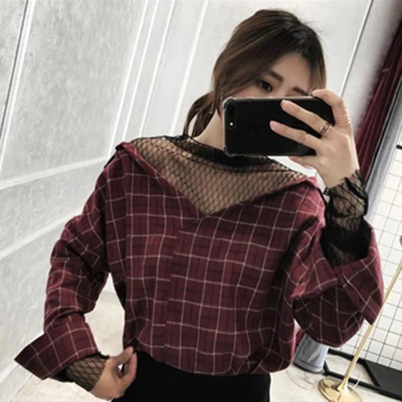 Shirts Women Korean Chic Trendy Loose Mesh Patchwork Womens Plaid Retro V-Neck Female Temperament All-match Fashion Casual Daily