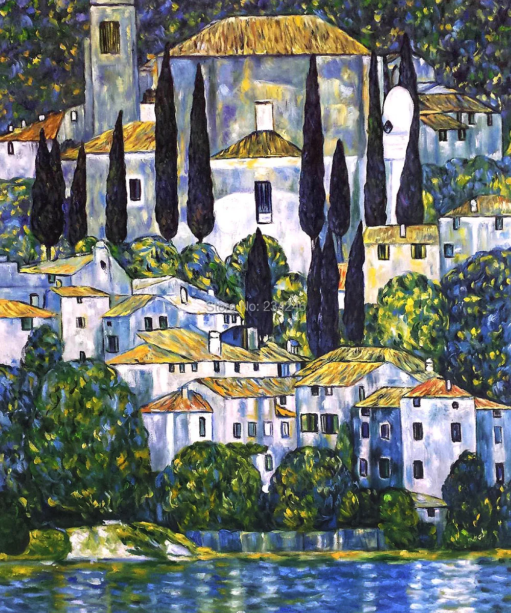 Handmade Canvas Art Painting Reproductions Kirche in Cassone, Church in Cassone by Gustav Klimt Landscape Oil Art Home Decor