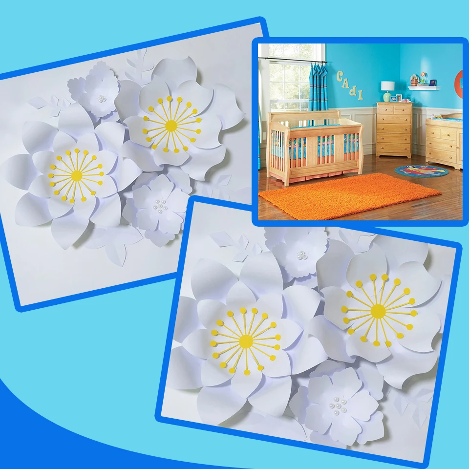 Handmade White Rose DIY Paper Flowers White Leaves Set For Party Wedding Backdrops Decorations Nursery Wall Deco Video Tutorials