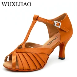 shengzixue women's latin dance shoes Rhinestone Size US 4-12 bronze Salsa Satin Shoes For Comfortable 9cm Heel Height Dancing