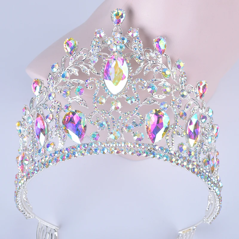 Luxury Vintage AB Color Wedding Big Crown Alloy Bridal Tiara Baroque Queen  Marquise Rhinestone Half Round Headpiece Party  Comb