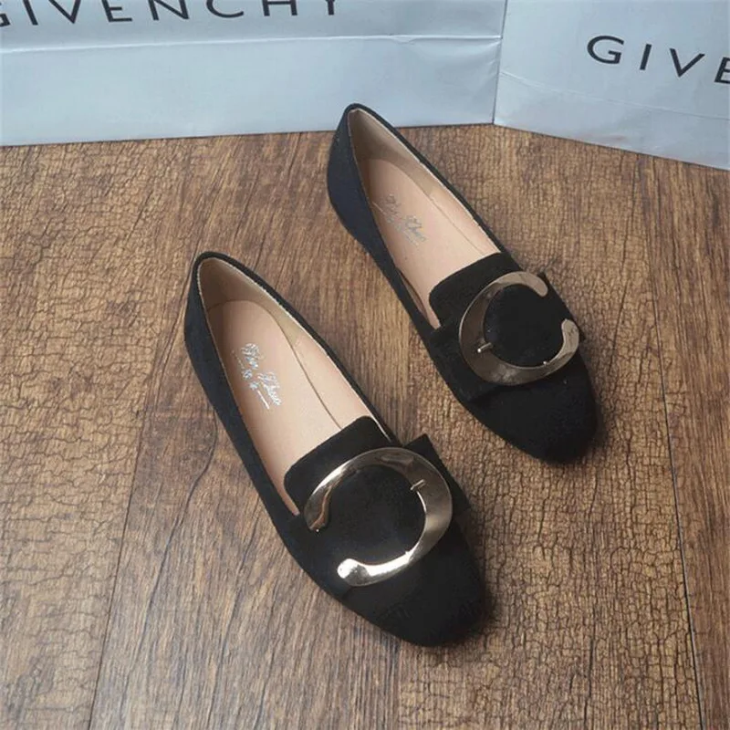 Women Loafers Flats Slip On High Quality Flock Shoes flat metal buckle square head large size British wind Casual Shoes Flat
