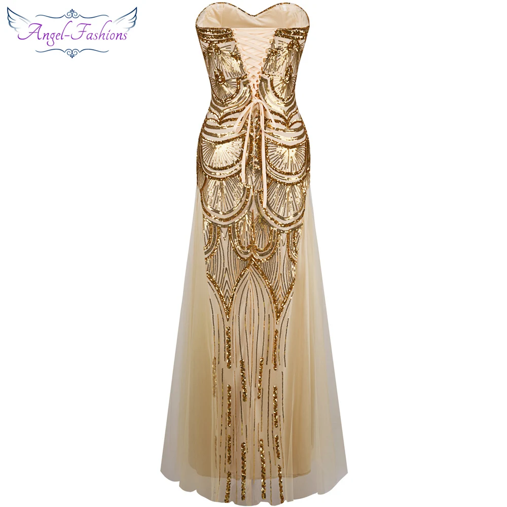 Angel-fashions Strapless Sequined A-line Tulle Lace up Long Evening Dresses vestidos de noche Golden Silver 186