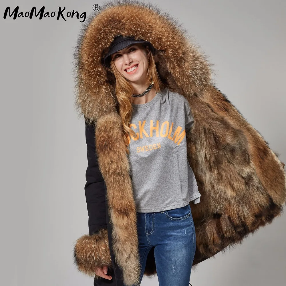 MAOMAOKONG Luxury Winter Real Fur Coat Women Jacket Fur Collar Natural fox fur lining Raccoon Hooded Parkas Top Fashion