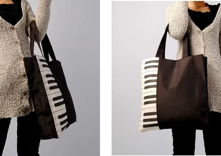 Bolso de lona con estampado de Piano negro para mujer, bolsa de compras individual de gran capacidad, de playa, informal