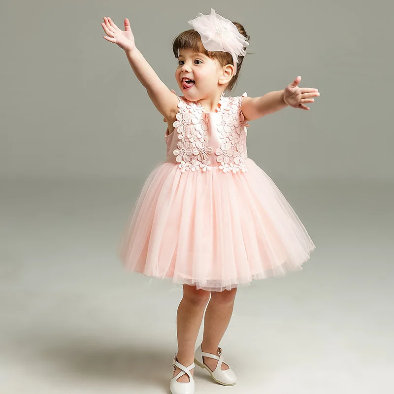 Formal Elegant Baby Dress For 1 2 Year Old Birthday White And Pink Flowers Party Vestido Baby Toddler Clothing ABF164717