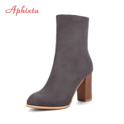 Aphixta Winter Mid-Calf Boots Shoes Women Cow Suede Botas Mujer High Heel Boots Square Heel Zip Ladies Shoes Big Size 43