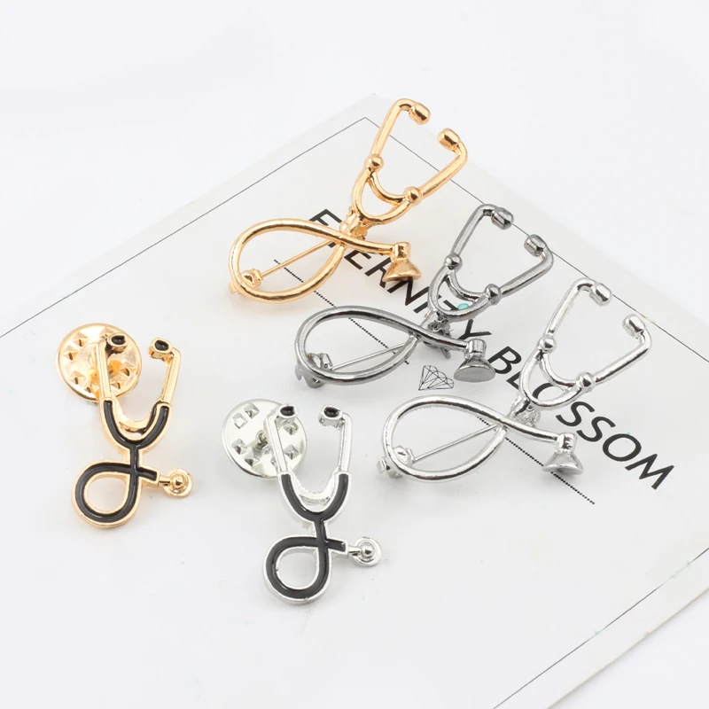 Stethoscope Brooches Metal Pins Black Gold Silver Color Corsage Badges Doctor Nurse Physicians Medical Jewelry Gifts for Student