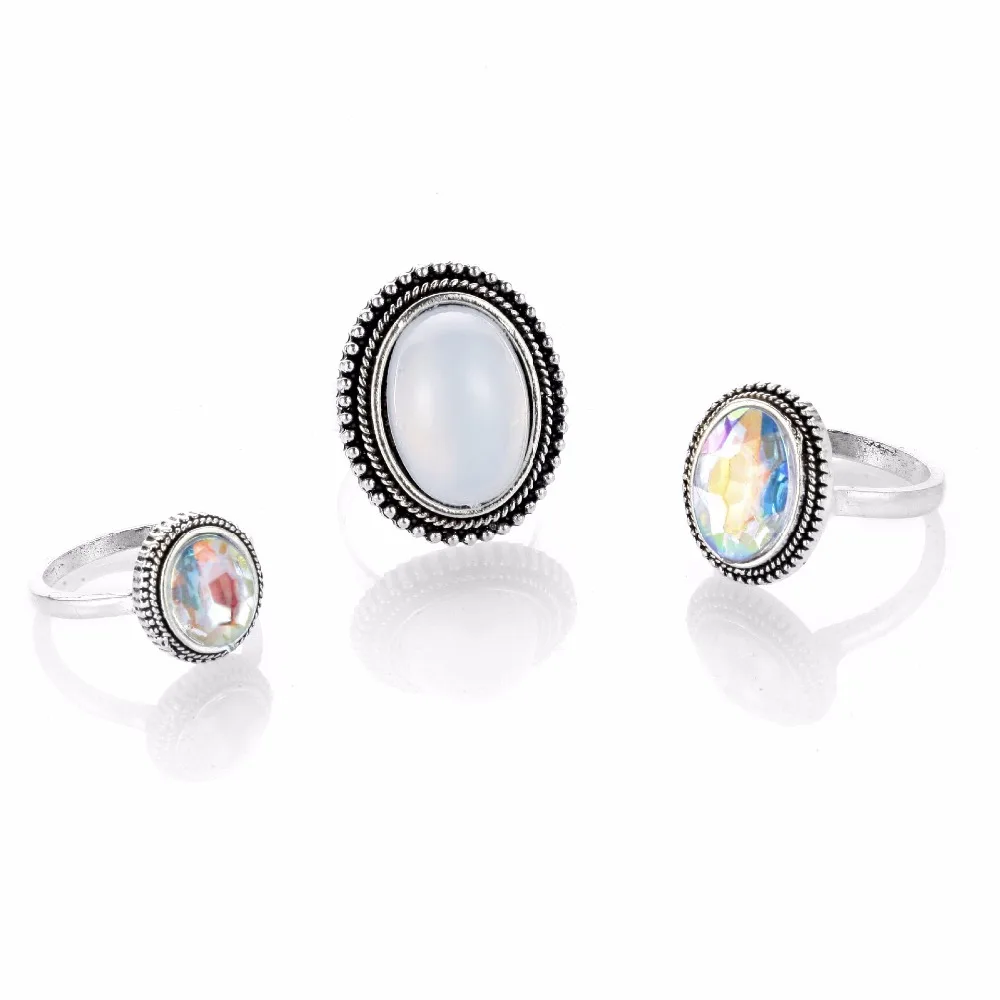 BOHO Big Opal Stone Colourful Midi Rings Set For Women New Design Retro Silver Color Vintage Finger Knuckle Ring Set Jewelry