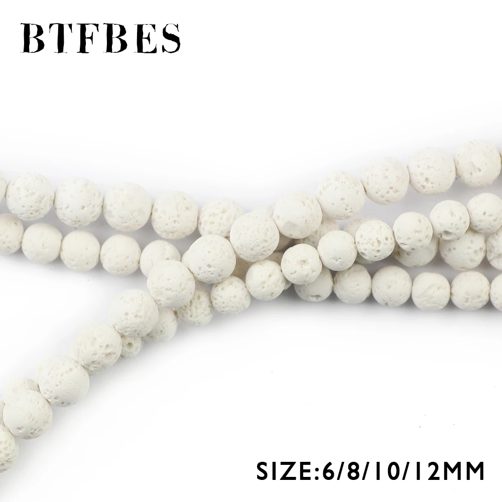 BTFBES White Lava Beads Volcanic Rock Hight Quality Natural Stone 6 8 10 12mm White Color Beads For Jewelry Making Bracelet DIY