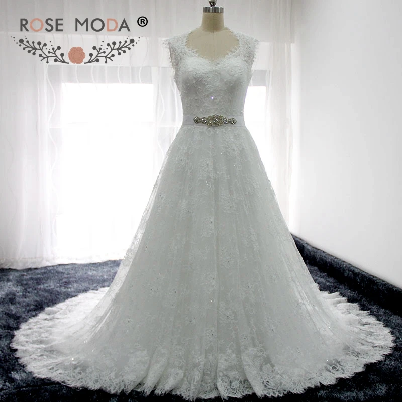 Rose Moda Cap Sleeves Chantilly Lace A Line Wedding Dress with Removable Crystal Belt Real Photos